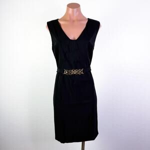 Minimalist Sleeveless V-Neck Gold Belted Sheath Dress Career Luxe Black L NWT